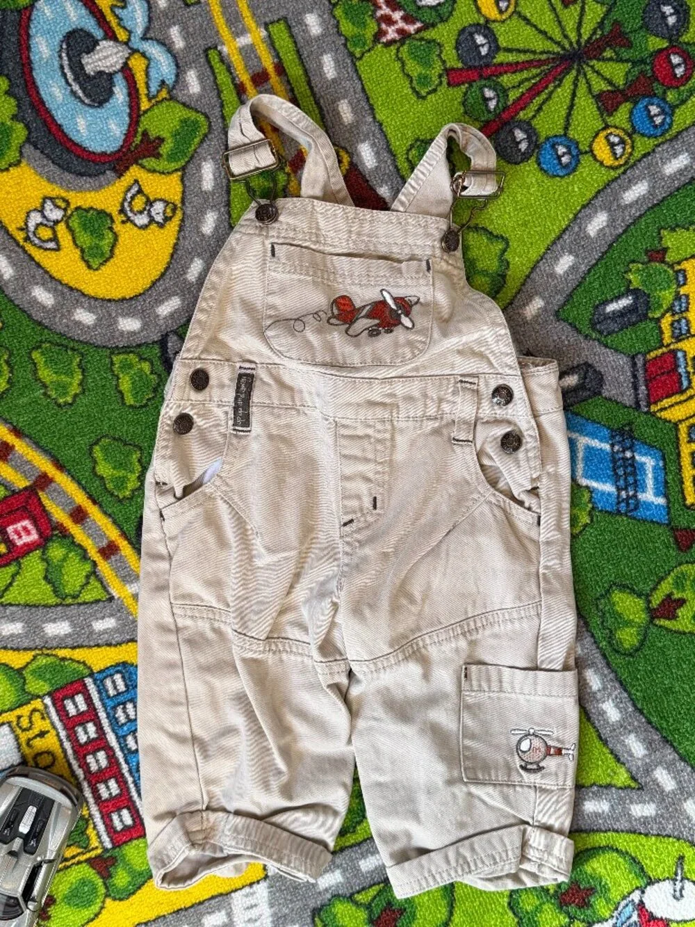 Vintage Kru Little Airplane Embroidered Beige Overalls, Size 6-9 Month Cotton